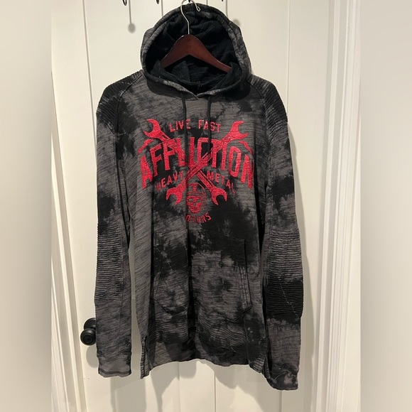 Vintage Y2K Affliction Gray Black Metal Skull Hoodie- Men’s Medium NWOT - Picture 1 of 4